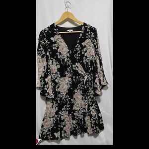 anthropologie L Classic Surplice Boho Frock dress Floral Pleated Sleeve Lined